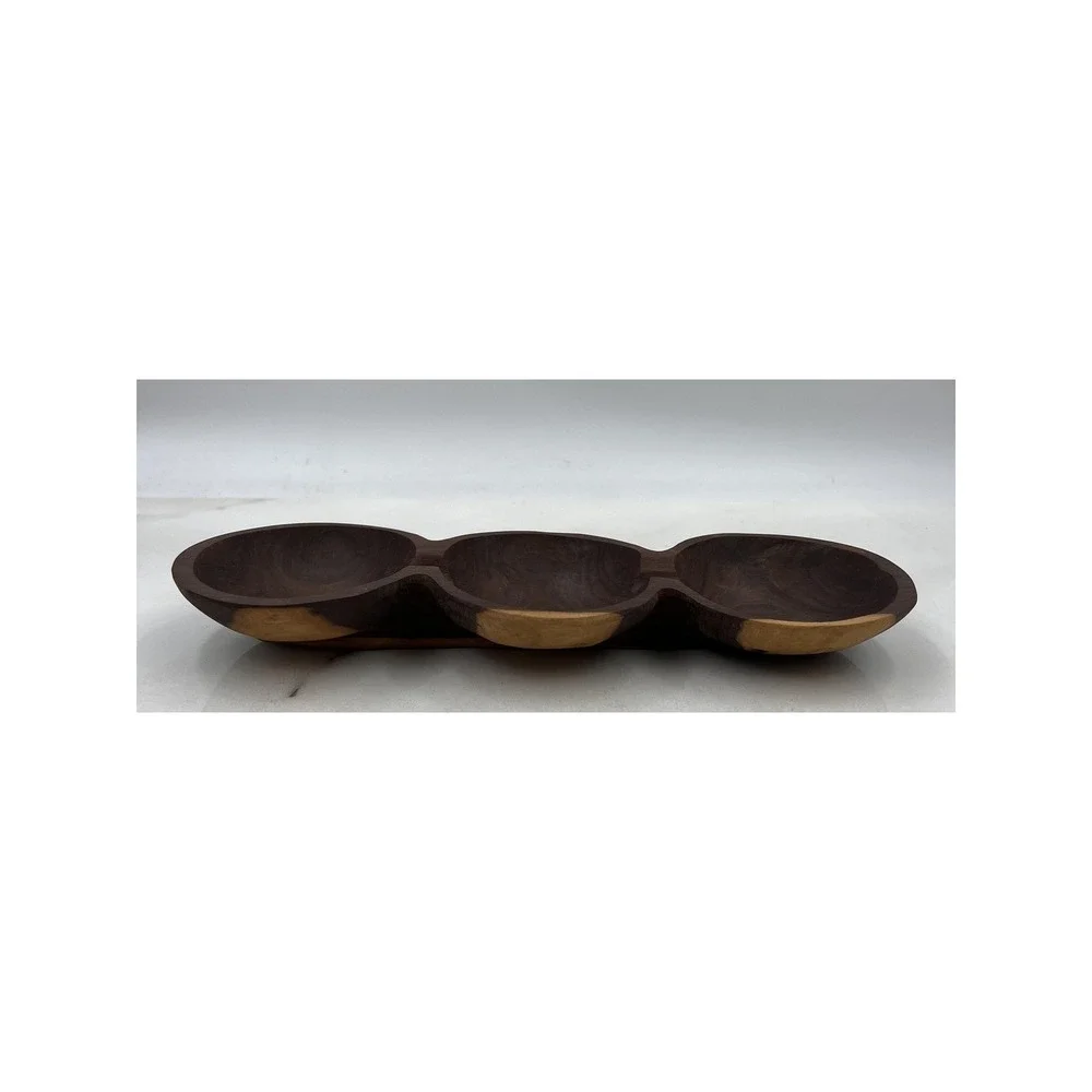 VTG Wooden Serving Tray Nut Dish Hand Carved 3 Section Live Edge Dark Wood